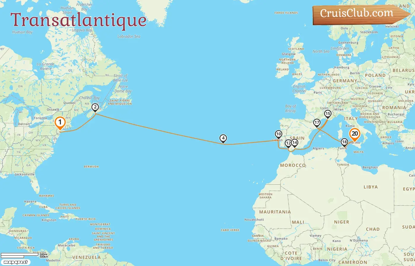 Croisière transatlantique de New York à Palerme à bord du MSC Meraviglia avec des escales aux États-Unis, au Canada, au Portugal, en Espagne, en France, en Tunisie et en Italie pendant 20 jours