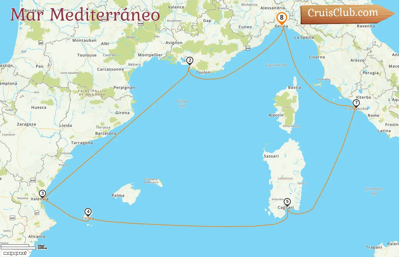 Crucero por el Mediterráneo desde Génova a bordo del barco MSC Musica con visitas a Italia, Francia y España durante 8 días