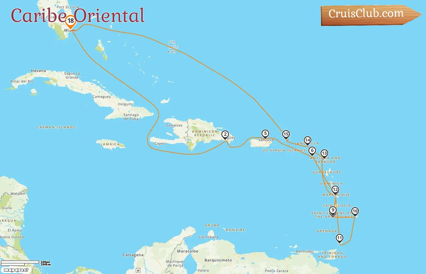 Cruzeiro no Caribe Oriental de Miami a bordo do navio EXPLORA I com visitas aos EUA, Porto Rico, Martinica, São Vicente e Granadinas, Barbados e Trindade e Tobago por 18 dias