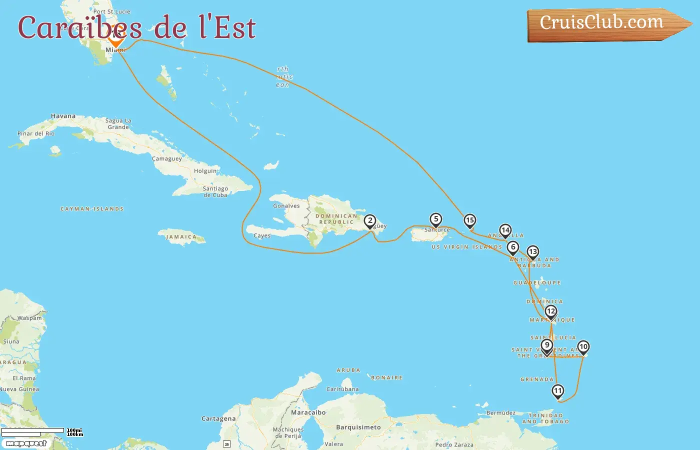 Croisière dans les Caraïbes orientales au départ de Miami à bord du navire EXPLORA I avec des visites aux États-Unis, à Porto Rico, à la Martinique, à Saint-Vincent et Grenadines, à la Barbade ainsi qu`à Trinidad et Tobago pendant 18 jours
