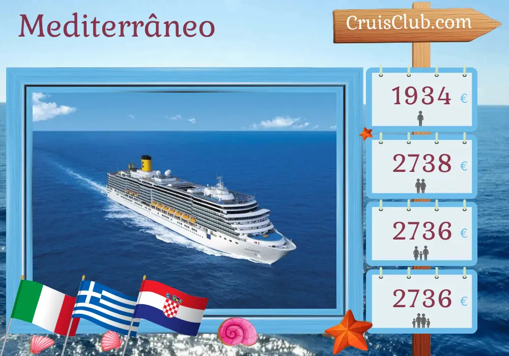 Cruzeiro no Mediterrâneo de Bari a bordo do navio Costa Deliziosa com visitas à Itália, Grécia e Croácia por 8 dias