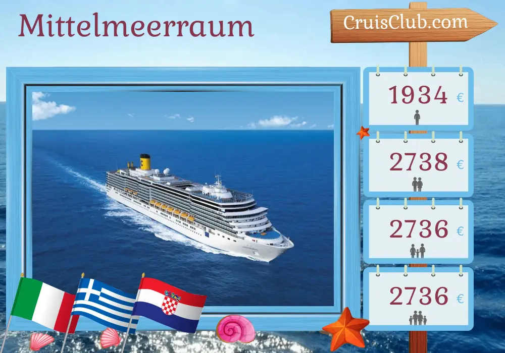 Kreuzfahrt im Mittelmeer ab Bari an Bord des Costa Deliziosa Schiffes mit Besuchen in Italien, Griechenland und Kroatien für 8 Tage