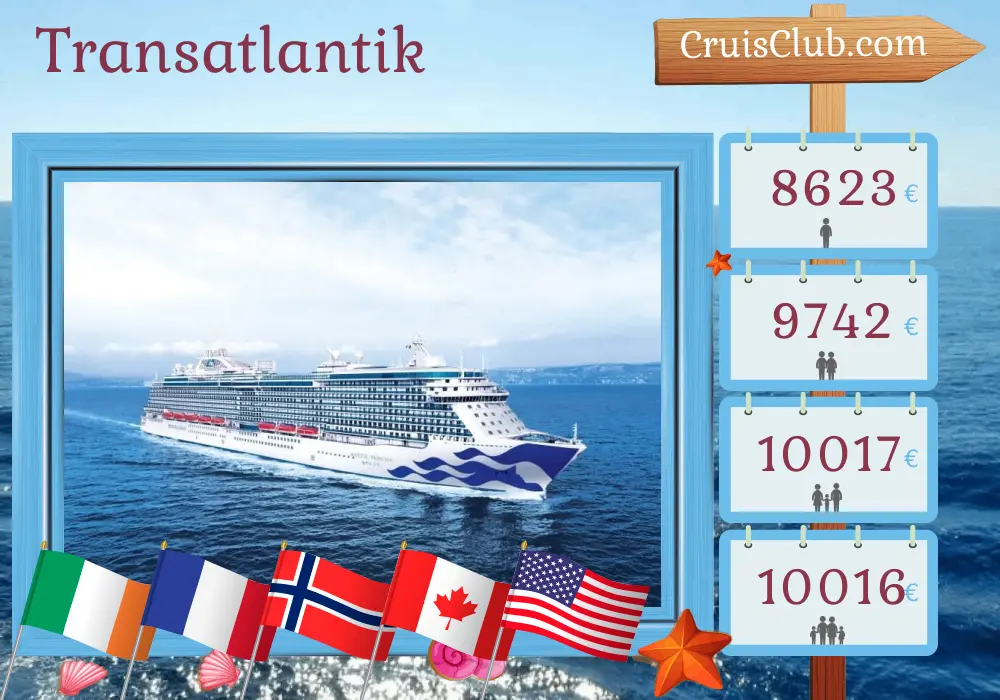 Kreuzfahrt im Transatlantik von Southampton nach New York an Bord des Majestic Princess Schiffs mit Stopps in Irland, Frankreich, Norwegen, Kanada und den USA für 27 Tage