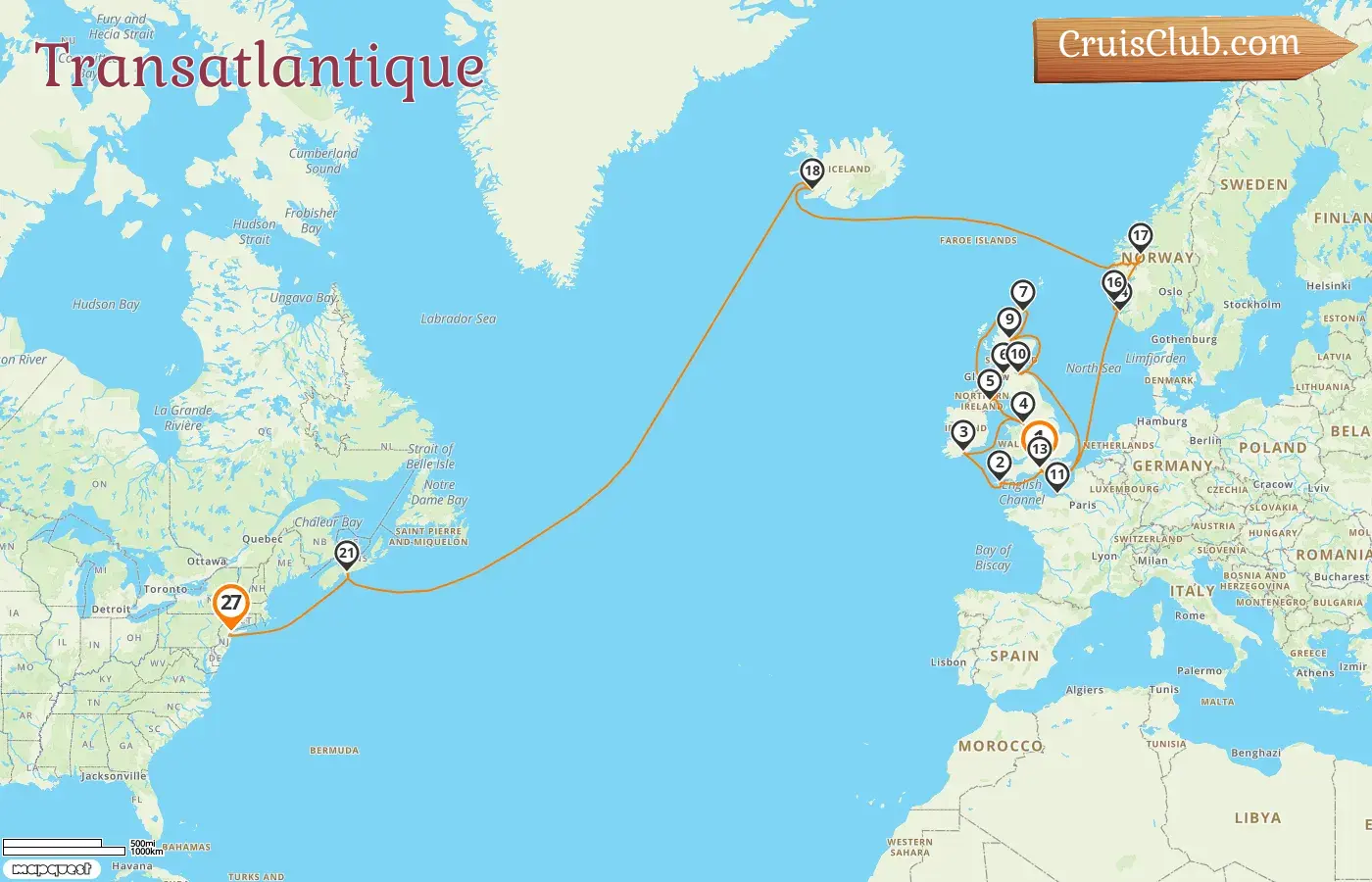 Croisière transatlantique de Southampton à New York à bord du navire Majestic Princess avec escales en Irlande, en France, en Norvège, au Canada et aux États-Unis pendant 27 jours