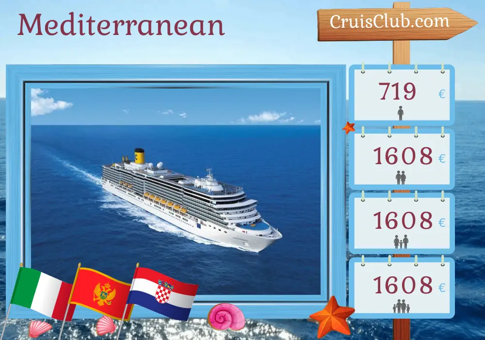 Cruise in the Mediterranean from Trieste aboard Costa Deliziosa ship with visits to Italy, Montenegro, and Croatia for 7 days
