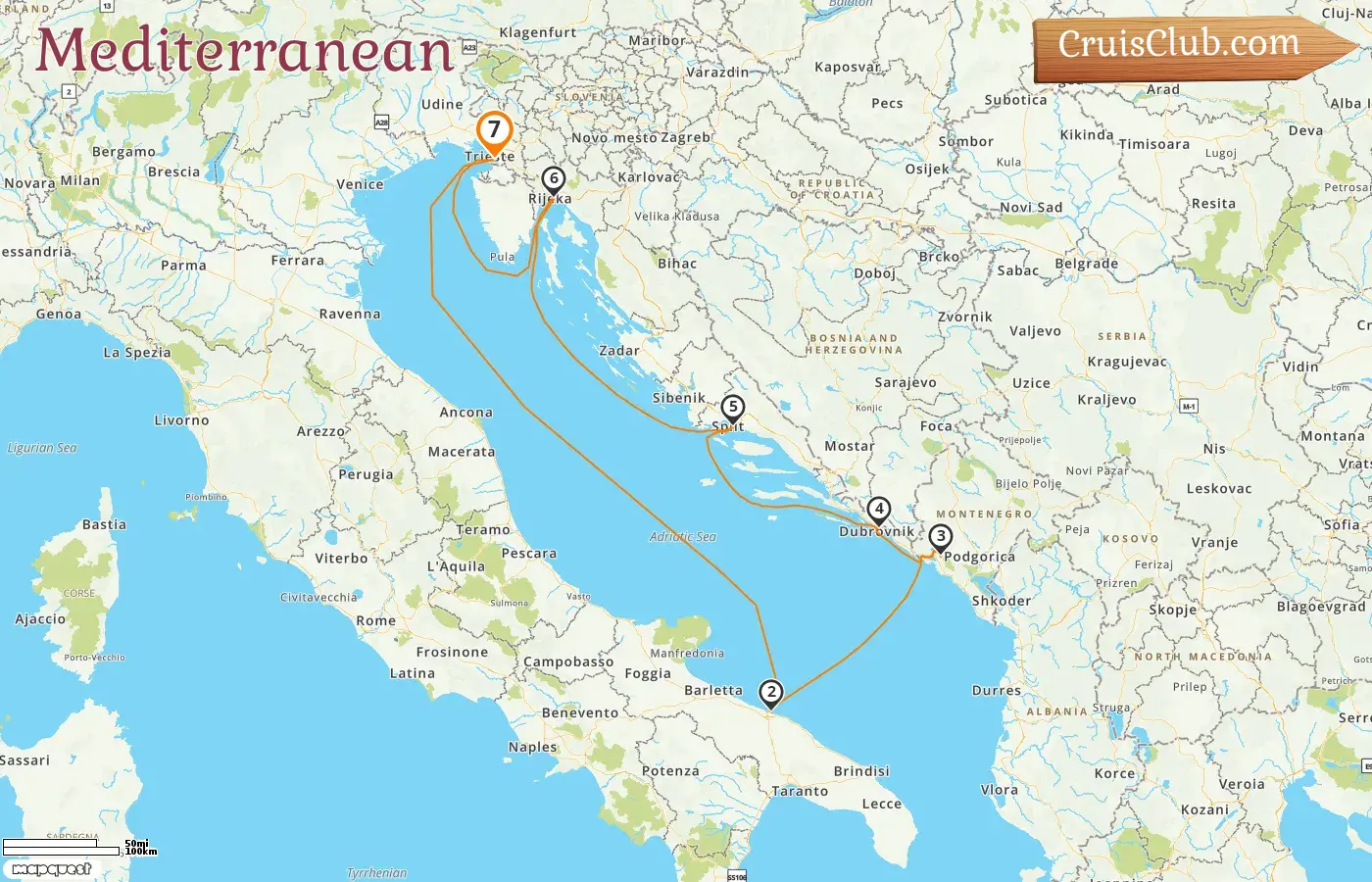 Cruise in the Mediterranean from Trieste aboard Costa Deliziosa ship with visits to Italy, Montenegro, and Croatia for 7 days