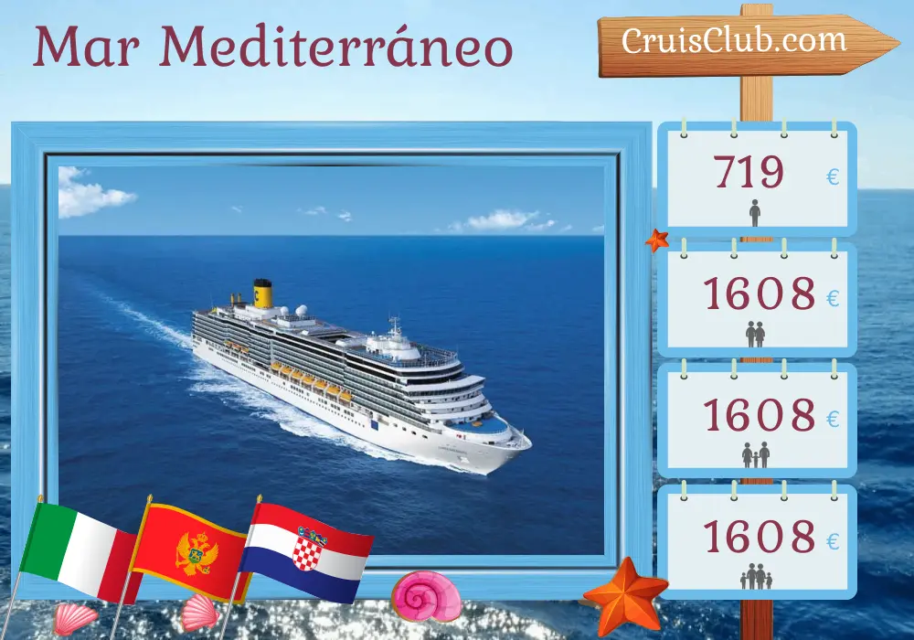 Crucero en el Mediterráneo desde Trieste a bordo del barco Costa Deliziosa con visitas a Italia, Montenegro y Croacia por 7 días