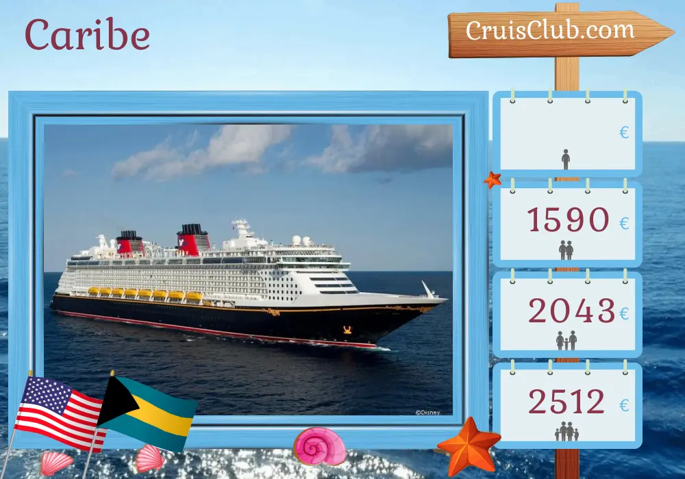 Cruzeiro nas Caraíbas saindo de Port Canaveral / Orlando a bordo do navio Disney Fantasy com visitas aos EUA e Bahamas por 4 dias