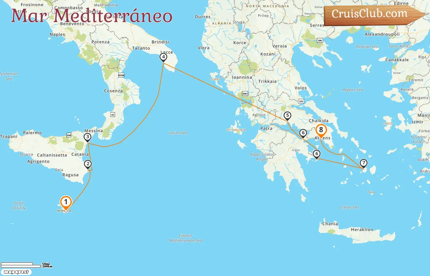 Crucero por el Mediterráneo desde La Valeta hasta El Pireo a bordo del barco Le Bougainville con visitas a Malta, Italia y Grecia por 8 días