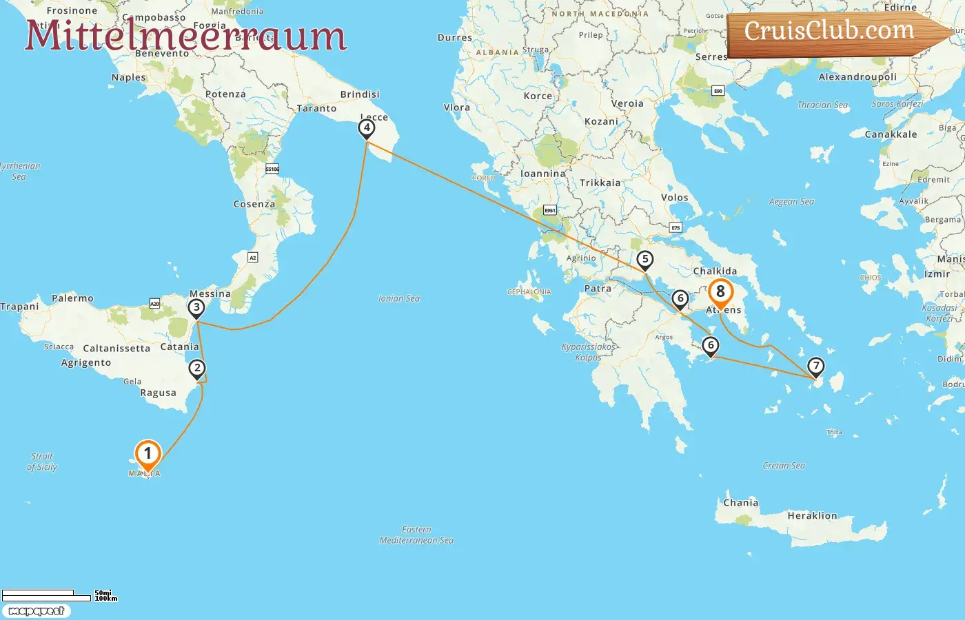 Kreuzfahrt im Mittelmeer von Valletta nach Piräus an Bord des Schiffes Le Bougainville mit Besuchen in Malta, Italien und Griechenland für 8 Tage