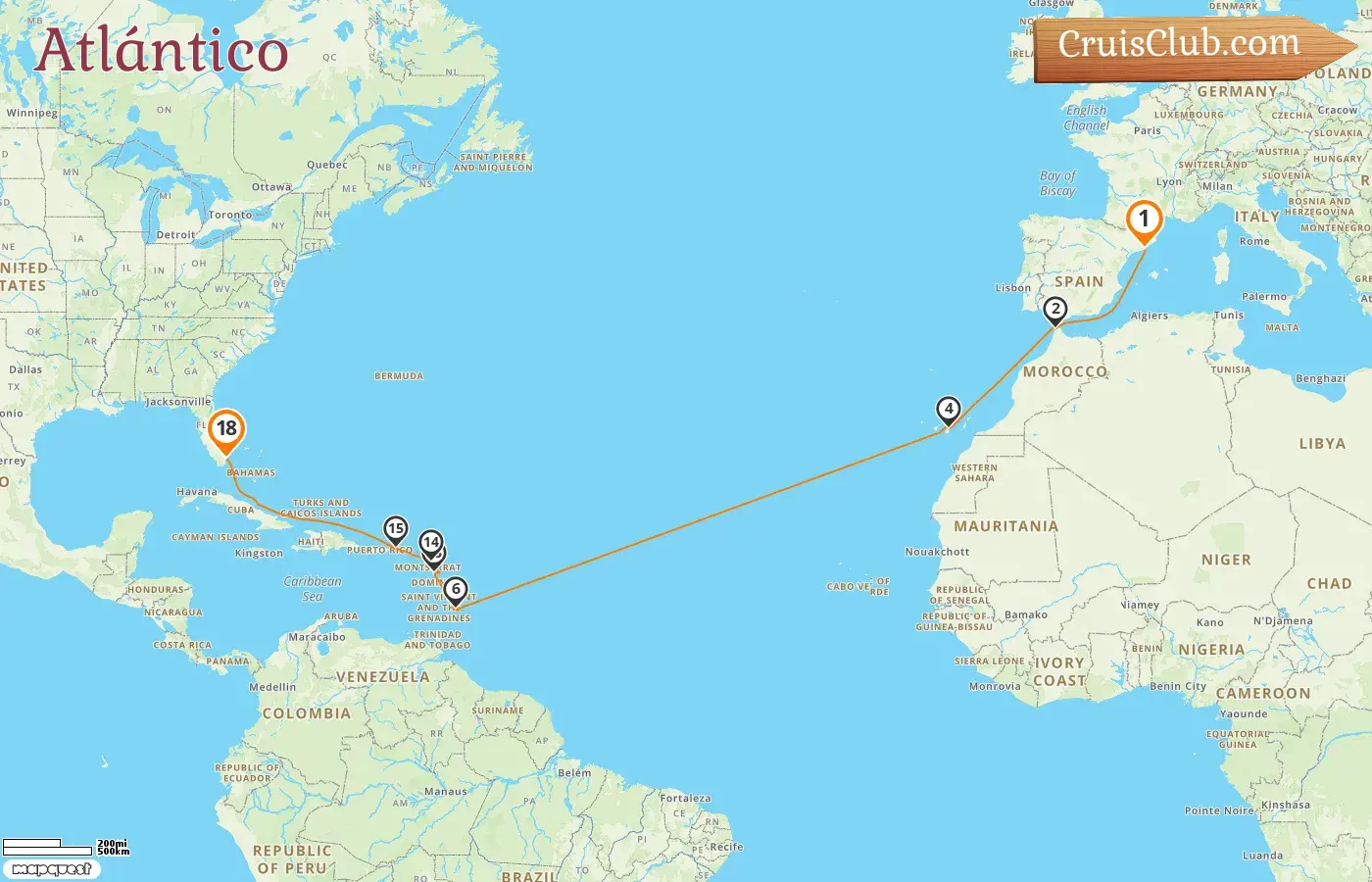 Crucero en el Transatlántico de Barcelona a Miami a bordo del barco EXPLORA II con visitas a España, Marruecos, Barbados, Guadalupe y EE. UU. durante 18 días