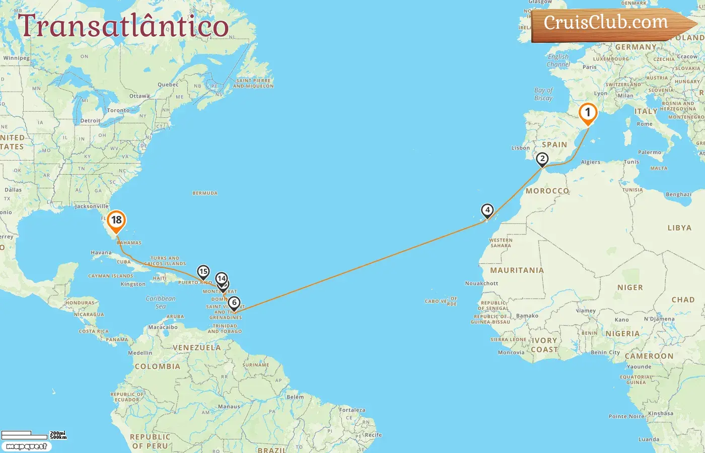 Cruzeiro Transatlântico de Barcelona para Miami a bordo do navio EXPLORA II com visitas a Espanha, Marrocos, Barbados, Guadalupe e EUA por 18 dias