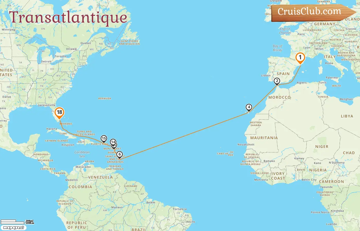 Croisière transatlantique de Barcelone à Miami à bord du navire EXPLORA II avec des visites en Espagne, au Maroc, à la Barbade, en Guadeloupe et aux États-Unis pendant 18 jours