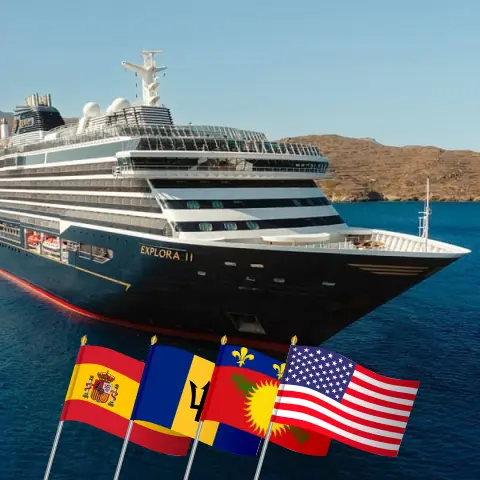 Cruise in the Transatlantic from Barcelona to Miami aboard EXPLORA II ship with visits to Spain, Morocco, Barbados, Guadeloupe, and USA for 18 days