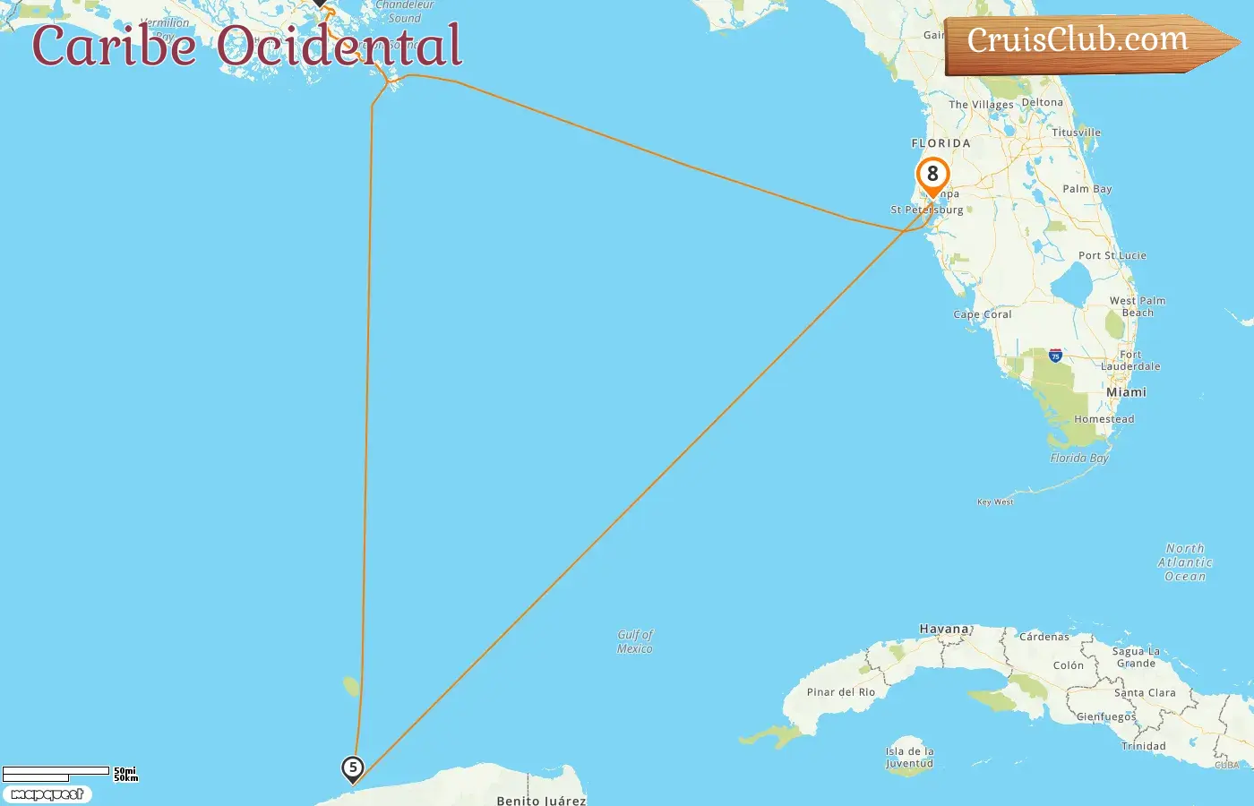 Cruzeiro no Caribe Ocidental a partir de Tampa a bordo do navio Celebrity Constellation com visitas aos Estados Unidos e México por 8 dias