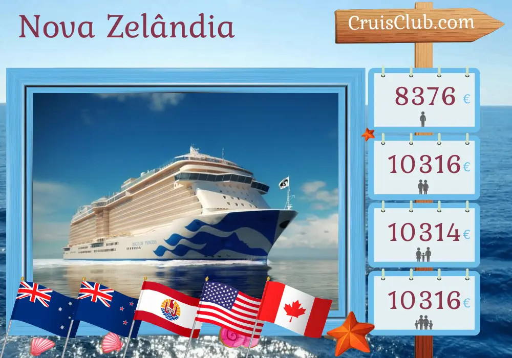 Cruzeiro da Nova Zelândia de Sydney para Vancouver a bordo do navio Discovery Princess com visitas à Austrália, Nova Zelândia, Polinésia Francesa, EUA e Canadá por 31 dias