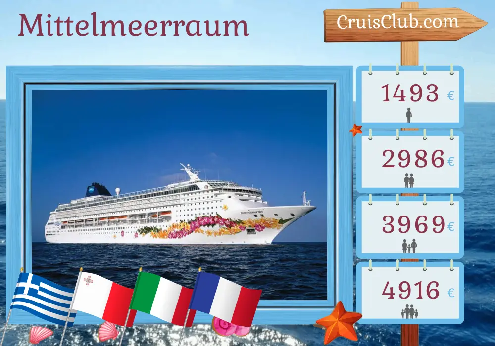 Kreuzfahrt im Mittelmeer von Istanbul nach Civitavecchia an Bord des Schiffes Norwegian Sky mit Besuchen in der Türkei, Griechenland, Malta, Italien und Frankreich für 13 Tage