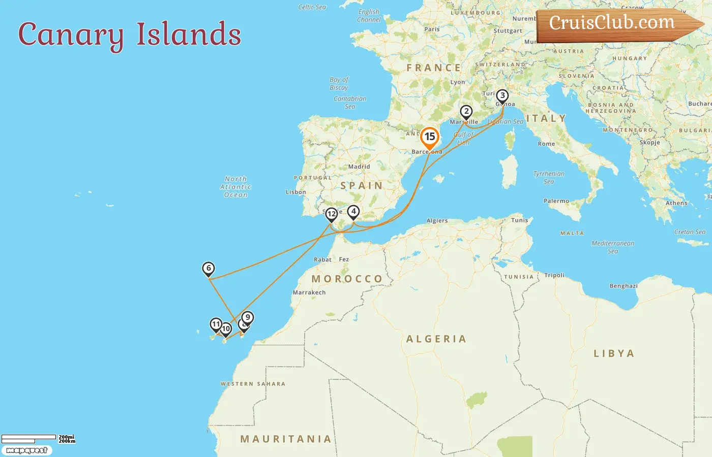 Cruise in the Canary Islands from Barcelona aboard Costa Fortuna ship with visits to Spain, France, and Italy for 15 days