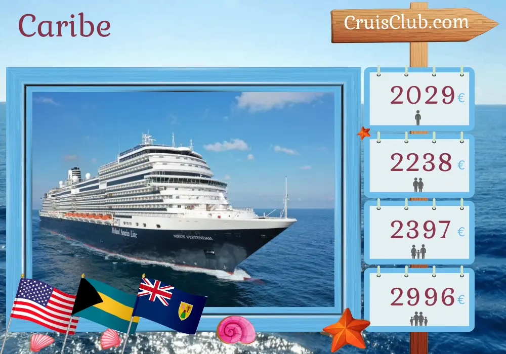 Cruzeiro no Caribe partindo de Fort Lauderdale a bordo do navio Nieuw Statendam com visitas aos EUA, Bahamas e República Dominicana por 8 dias