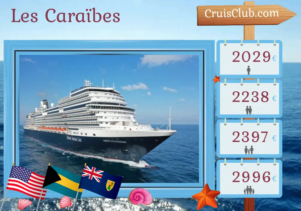 Croisière dans les Caraïbes au départ de Fort Lauderdale à bord du navire Nieuw Statendam avec des escales aux États-Unis, aux Bahamas et en République dominicaine pendant 8 jours