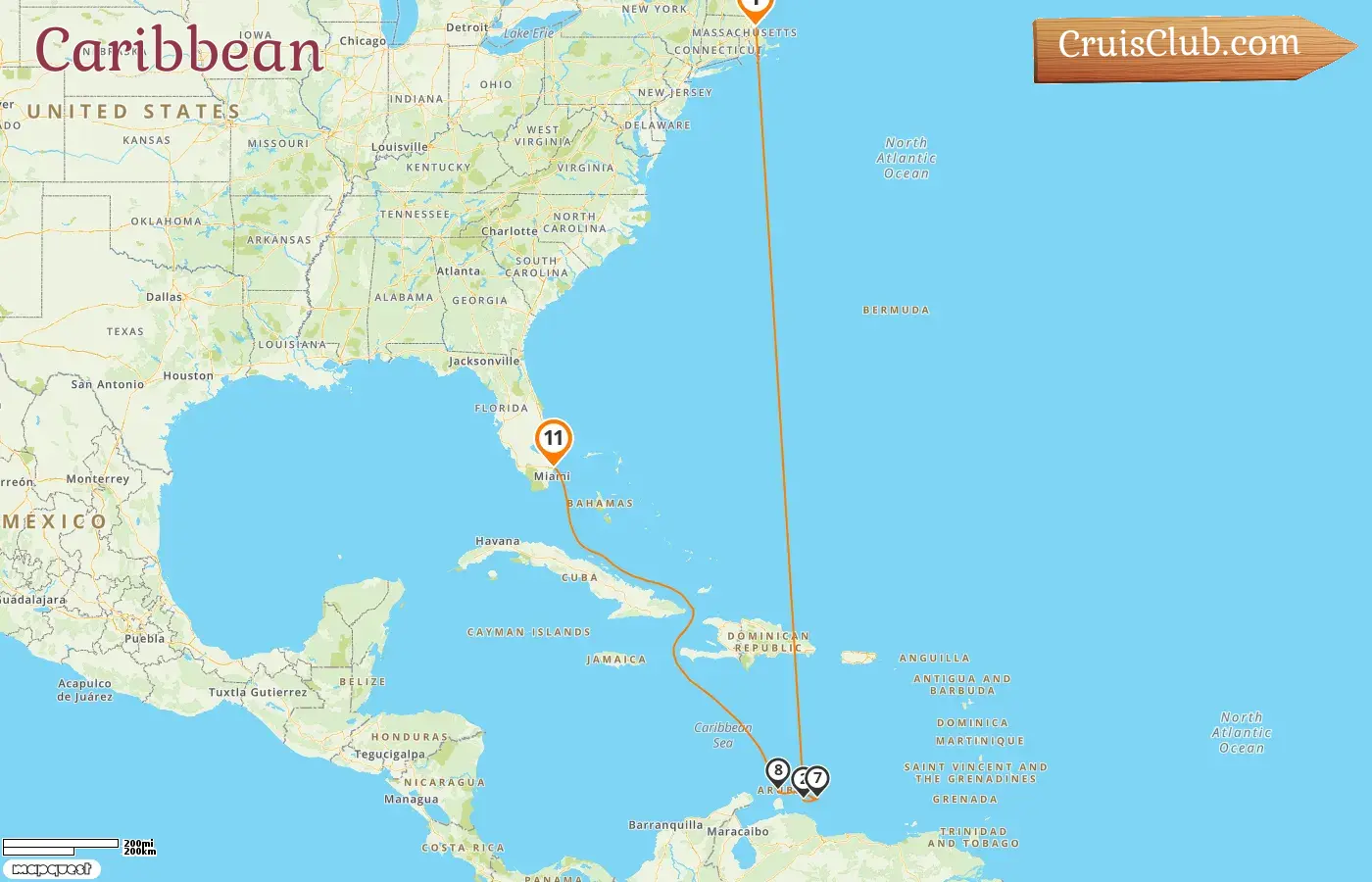 Cruise in the Caribbean from Boston to Fort Lauderdale aboard Celebrity Silhouette ship with visits to USA, Curaçao, and Aruba for 11 days