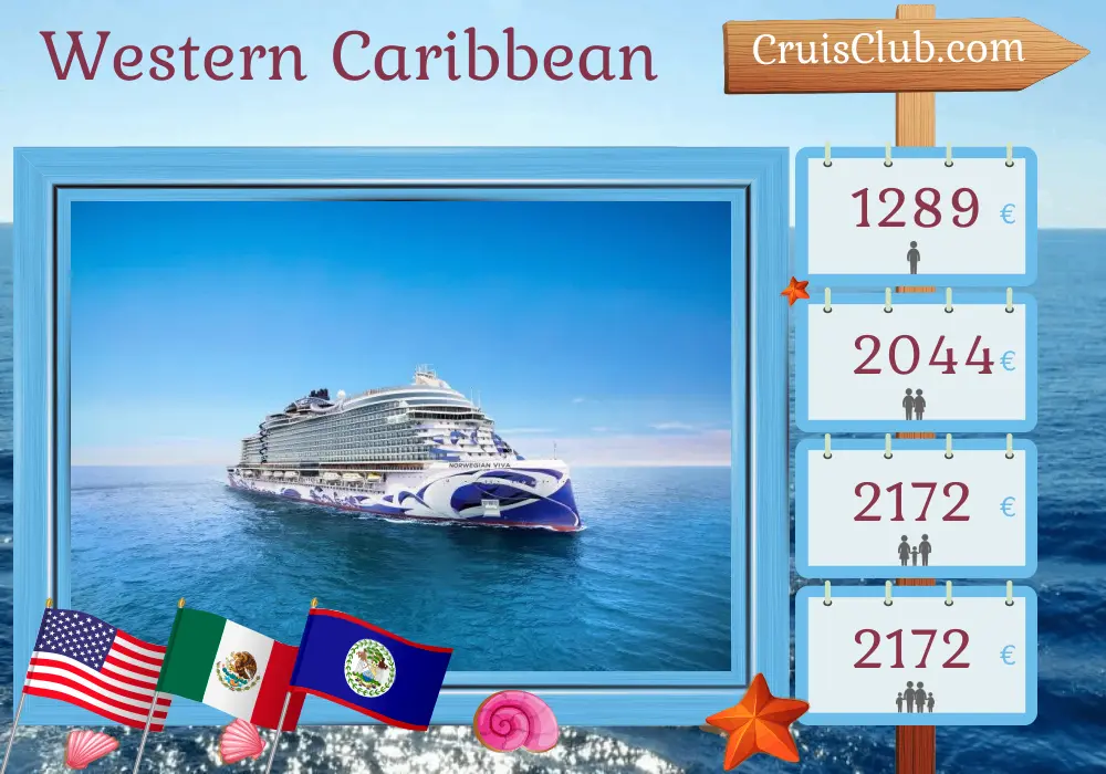 Cruise in the Western Caribbean from Galveston aboard Norwegian Viva ship with visits to USA, Mexico, Belize, and Honduras for 8 days
