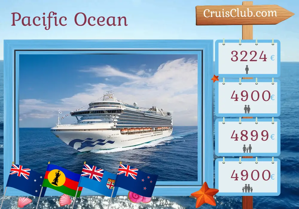 Cruise in the Pacific Ocean from Sydney aboard Crown Princess ship with visits to Australia, New Caledonia, Vanuatu, Fiji, and New Zealand for 16 days