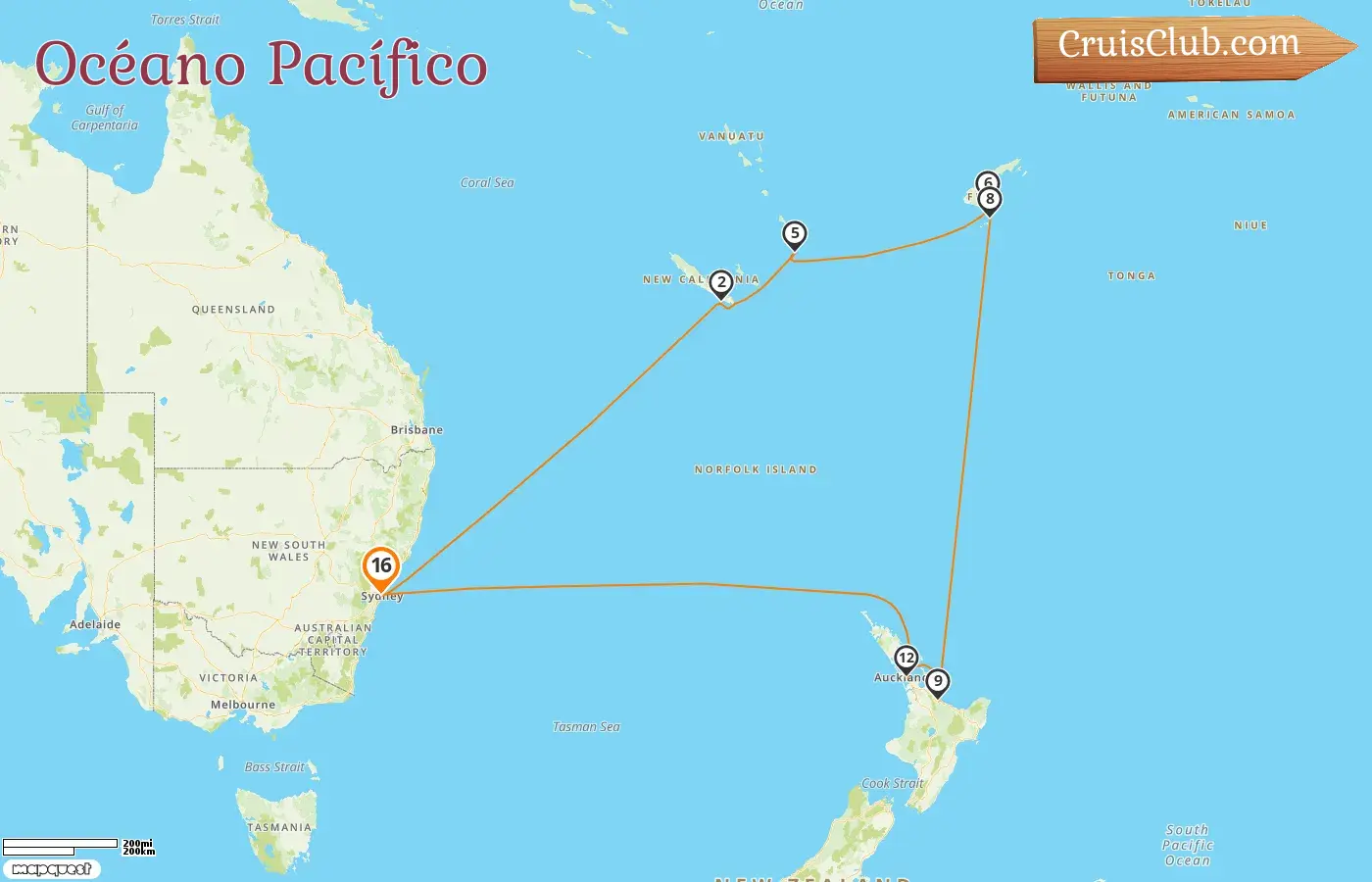 Crucero por el Océano Pacífico desde Sídney a bordo del barco Crown Princess con visitas a Australia, Nueva Caledonia, Vanuatu, Fiji y Nueva Zelanda durante 16 días
