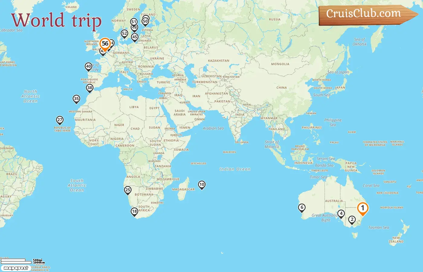 Cruise in the World trip from Sydney to Dover aboard Crown Princess ship with visits to Australia, Mauritius, South Africa, Namibia, Spain, Morocco, France, Belgium, Poland, Sweden, Finland, Estonia, Denmark, and Netherlands for 56 days