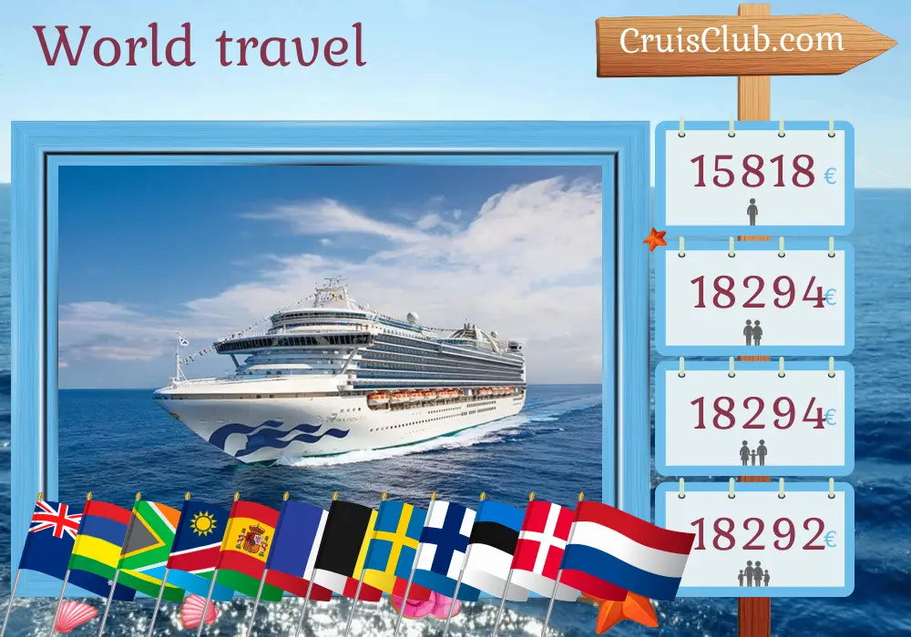 Kreuzfahrt Weltreise von Sydney nach Dover an Bord des Schiffes Crown Princess mit Besuchen in Australien, Mauritius, Südafrika, Namibia, Spanien, Marokko, Frankreich, Belgien, Polen, Schweden, Finnland, Estland, Dänemark und den Niederlanden für 56 Tage