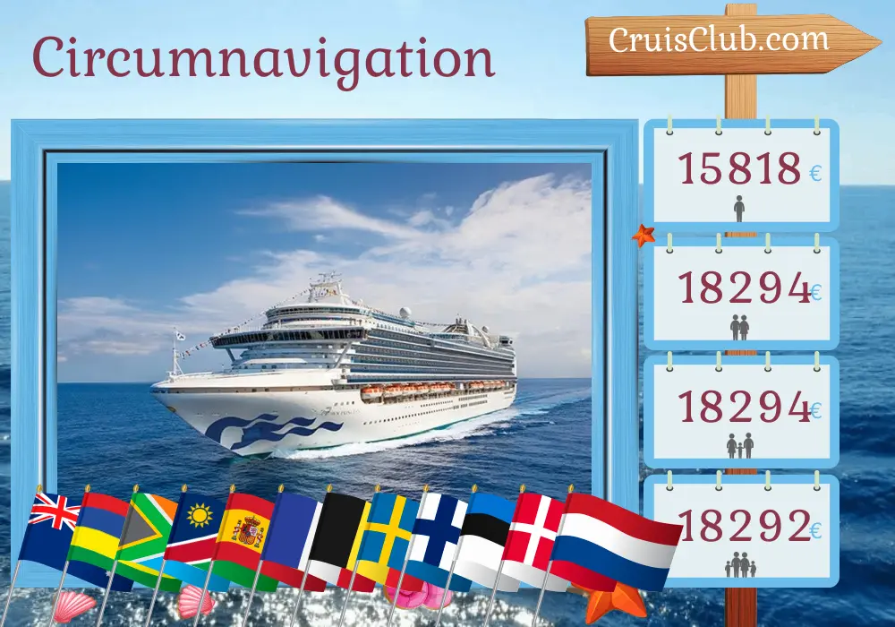 Croisière dans le monde de Sydney à Dover à bord du navire Crown Princess avec des visites en Australie, à Maurice, en Afrique du Sud, en Namibie, en Espagne, au Maroc, en France, en Belgique, en Pologne, en Suède, en Finlande, en Estonie, au Danemark et aux Pays-Bas pendant 56 jours