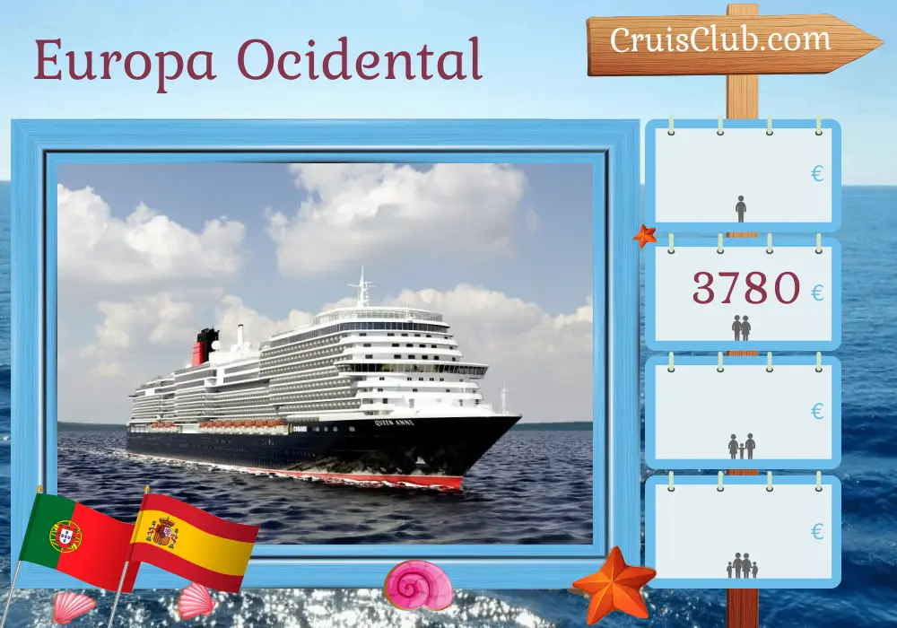 Cruzeiro no Oeste da Europa a partir de Southampton a bordo do navio Queen Anne com visitas a Portugal e Espanha por 15 dias