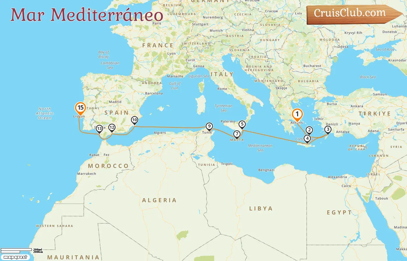 Crucero por el Mediterráneo de El Pireo a Lisboa a bordo del Silver Whisper con visitas a Grecia, Italia, Malta, Túnez y España durante 15 días