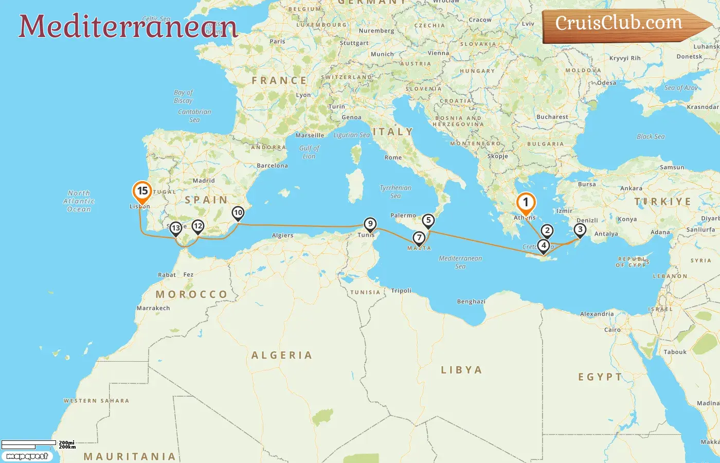 Cruise in the Mediterranean from Piraeus to Lisbon aboard Silver Whisper ship with visits to Greece, Italy, Malta, Tunisia, and Spain for 15 days