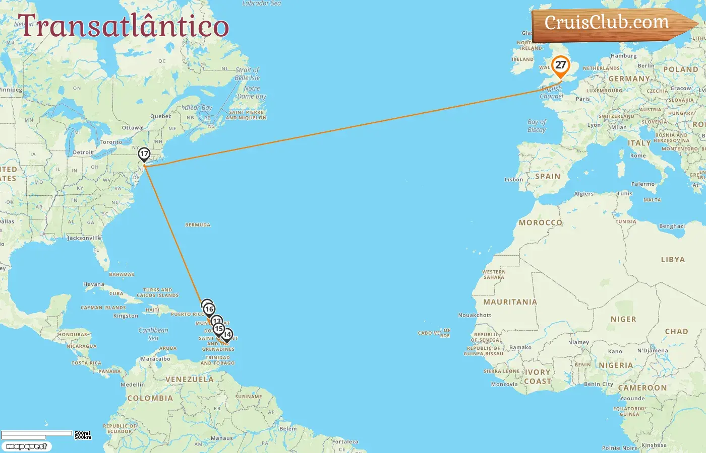 Cruzeiro no Transatlântico de Southampton a bordo do navio Queen Mary 2 com visitas aos EUA e Barbados por 27 dias
