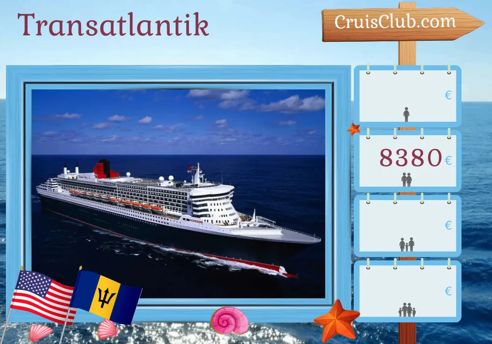 Kreuzfahrt über den Atlantik ab Southampton an Bord des Schiffes Queen Mary 2 mit Stopps in den USA und Barbados für 27 Tage