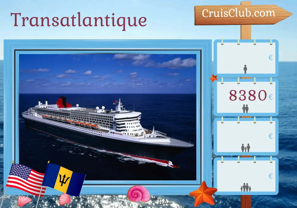 Croisière transatlantique au départ de Southampton à bord du Queen Mary 2 avec des escales aux États-Unis et à la Barbade pendant 27 jours