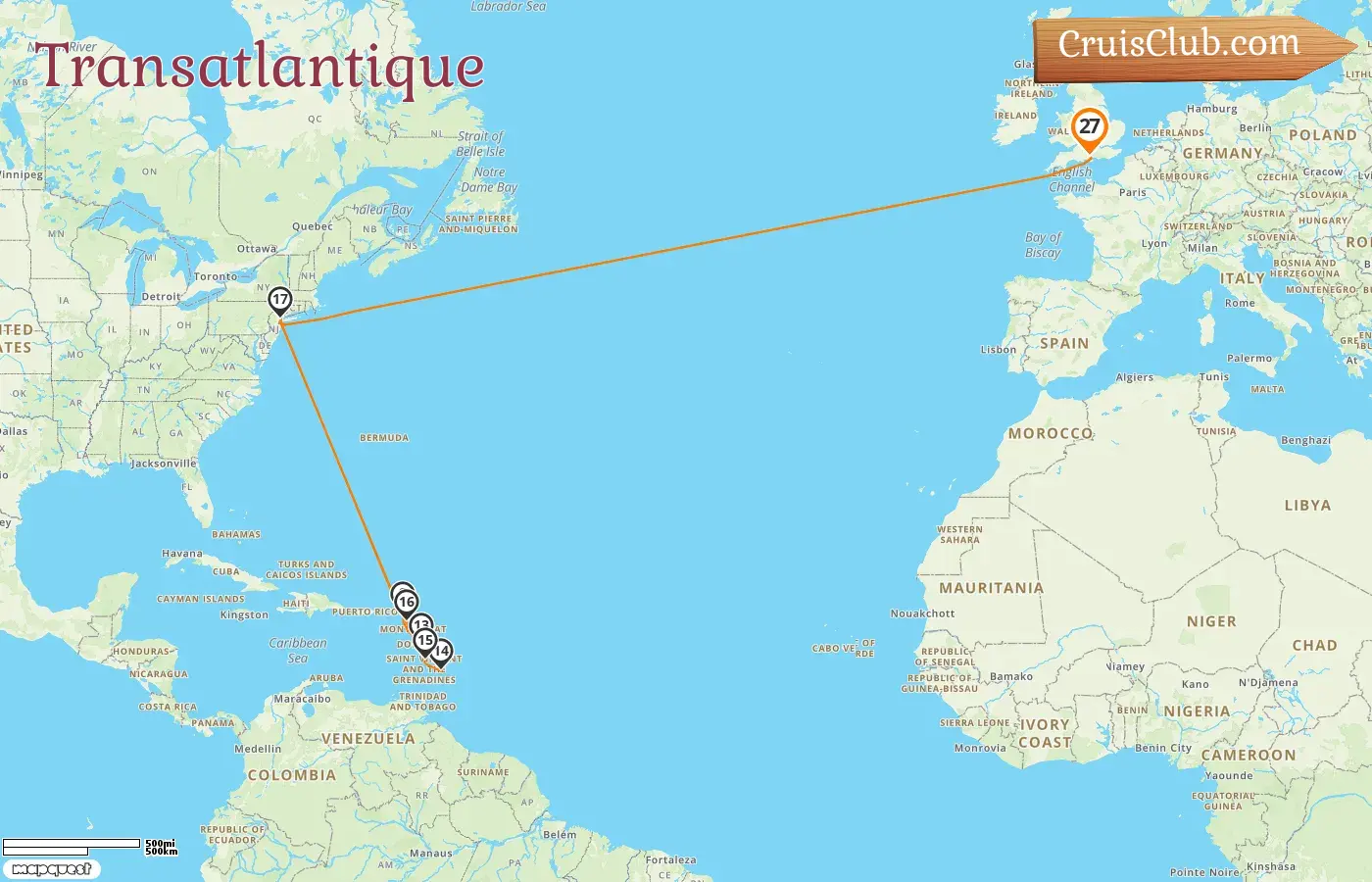 Croisière transatlantique au départ de Southampton à bord du Queen Mary 2 avec des escales aux États-Unis et à la Barbade pendant 27 jours