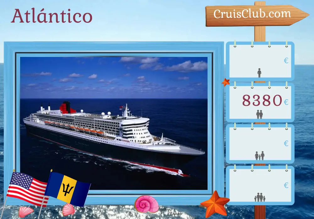 Crucero en el Transatlántico desde Southampton a bordo del barco Queen Mary 2 con visitas a Estados Unidos y Barbados por 27 días
