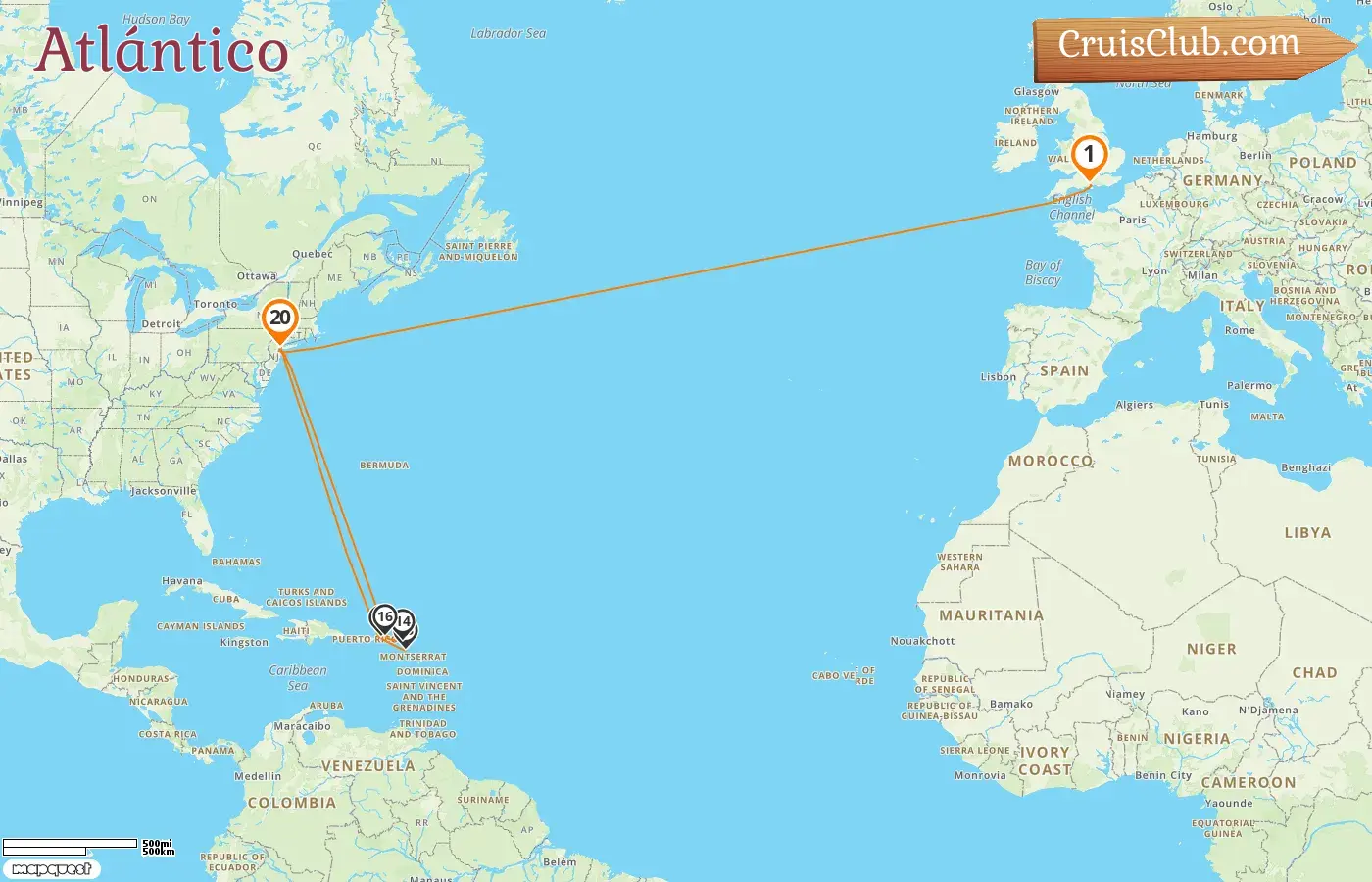 Crucero transatlántico de Southampton a Nueva York a bordo del barco Queen Mary 2 con visitas a EE. UU. durante 21 días