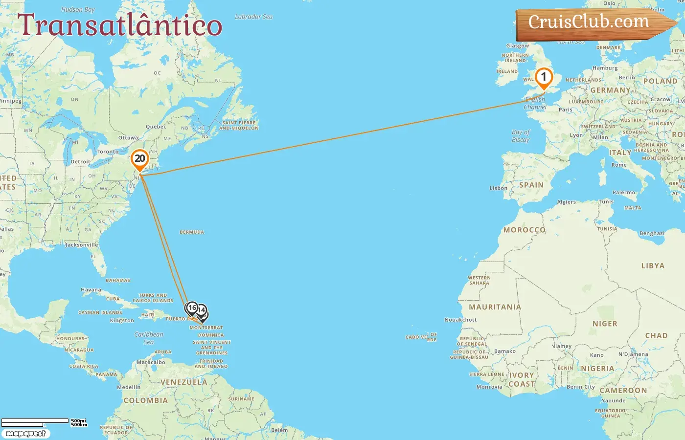 Cruzeiro no Transatlântico de Southampton para Nova Iorque a bordo do navio Queen Mary 2 com visitas aos EUA por 21 dias
