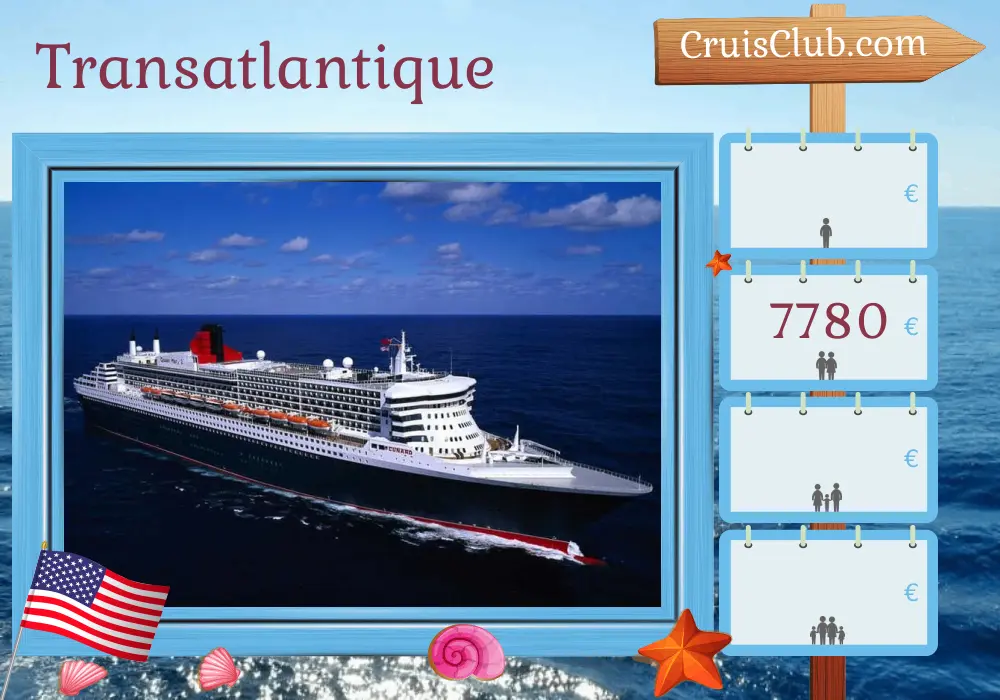 Crucero transatlántico de Southampton a Nueva York a bordo del barco Queen Mary 2 con visitas a EE. UU. durante 21 días
