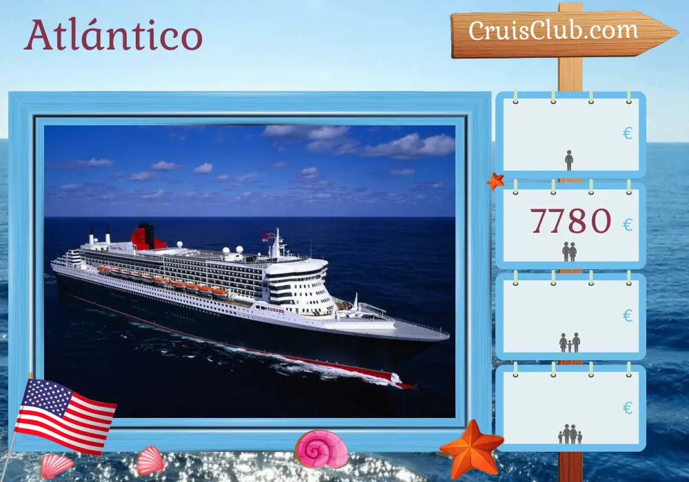 Cruzeiro no Transatlântico de Southampton para Nova Iorque a bordo do navio Queen Mary 2 com visitas aos EUA por 21 dias
