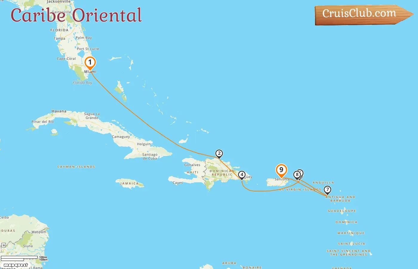 Crucero por el Caribe Oriental desde Miami a Saint John a bordo del barco EXPLORA I con visitas a EE. UU., República Dominicana, Islas Vírgenes Británicas y Puerto Rico durante 9 días