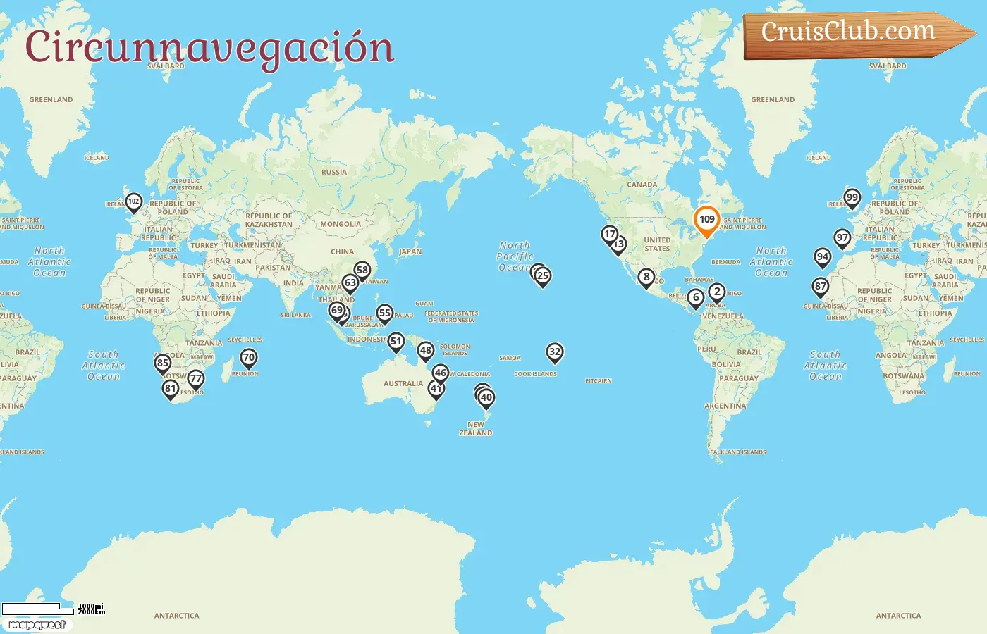 Crucero alrededor del mundo desde Nueva York a bordo del barco Queen Mary 2 con visitas a Estados Unidos, Curaçao, Panamá, México, Polinesia Francesa, Nueva Zelanda, Australia, Indonesia, Hong Kong, Vietnam, Singapur, Malasia, Mauricio, Sudáfrica, Namibia, Senegal, España y Francia por 109 días
