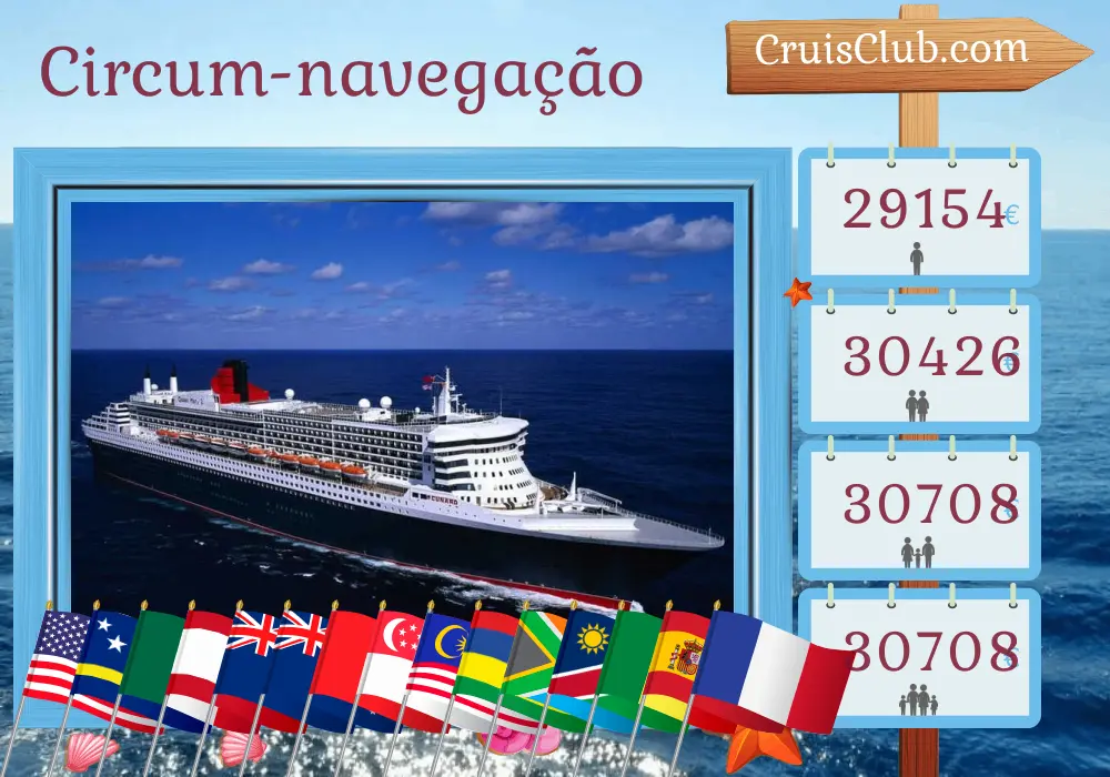 Cruzeiro de Volta ao Mundo a partir de Nova Iorque a bordo do navio Queen Mary 2 com visitas aos EUA, Curaçao, Panamá, México, Polinésia Francesa, Nova Zelândia, Austrália, Indonésia, Hong Kong, Vietnã, Singapura, Malásia, Maurício, África do Sul, Namíbia, Senegal, Espanha e França por 109 dias