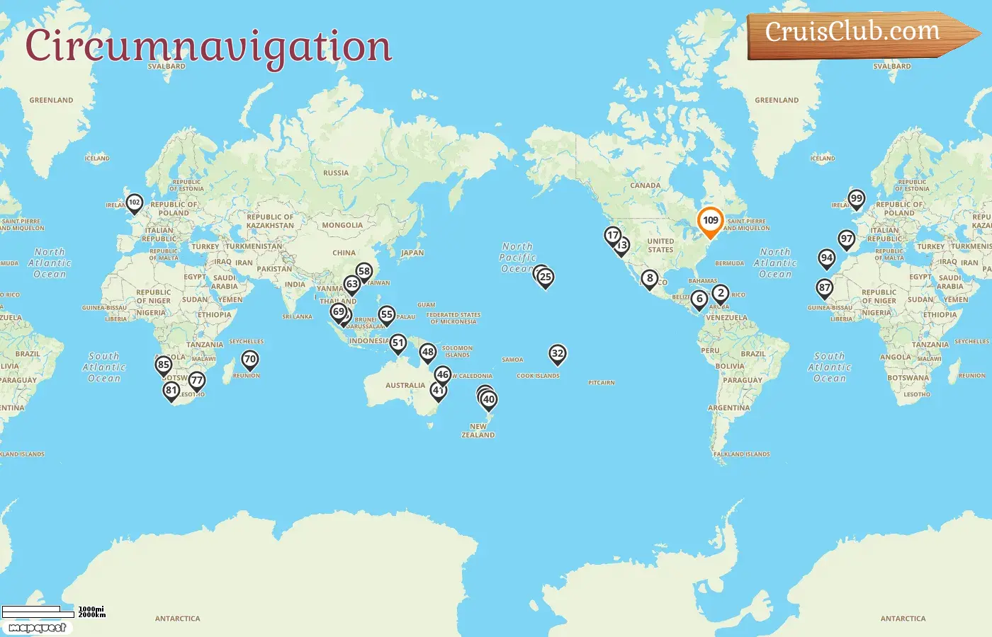 Croisière du tour du monde depuis New York à bord du Queen Mary 2 avec des visites aux États-Unis, à Curaçao, au Panama, au Mexique, en Polynésie française, en Nouvelle-Zélande, en Australie, en Indonésie, à Hong Kong, au Vietnam, à Singapour, en Malaisie, à l`île Maurice, en Afrique du Sud, en Namibie, au Sénégal, en Espagne et en France pendant 109 jours