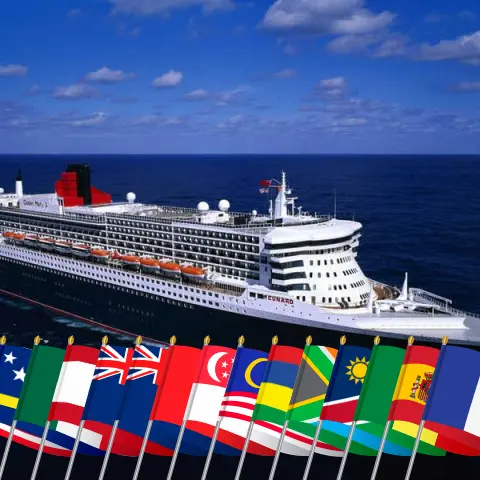 Cruise in the World trip from New York aboard Queen Mary 2 ship with visits to USA, Curaçao, Panama, Mexico, French Polynesia, New Zealand, Australia, Indonesia, Hong Kong, Viet Nam, Singapore, Malaysia, Mauritius, South Africa, Namibia, Senegal, Spain, and France for 109 days