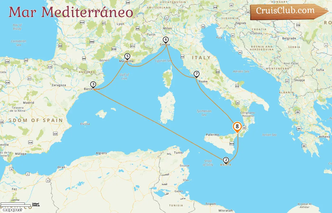 Crucero por el Mediterráneo desde Messina a bordo del barco MSC World Asia con visitas a Italia, Malta, España y Francia durante 8 días