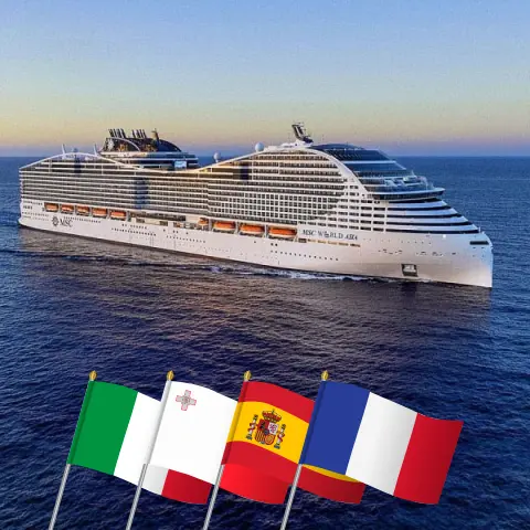 Cruise in the Mediterranean from Messina aboard MSC World Asia ship with visits to Italy, Malta, Spain, and France for 8 days